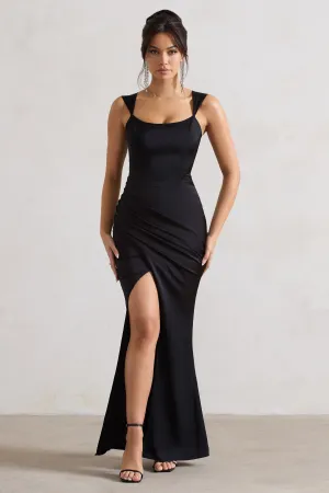 A Romantic | Black Satin Corset Wrap Maxi Dress