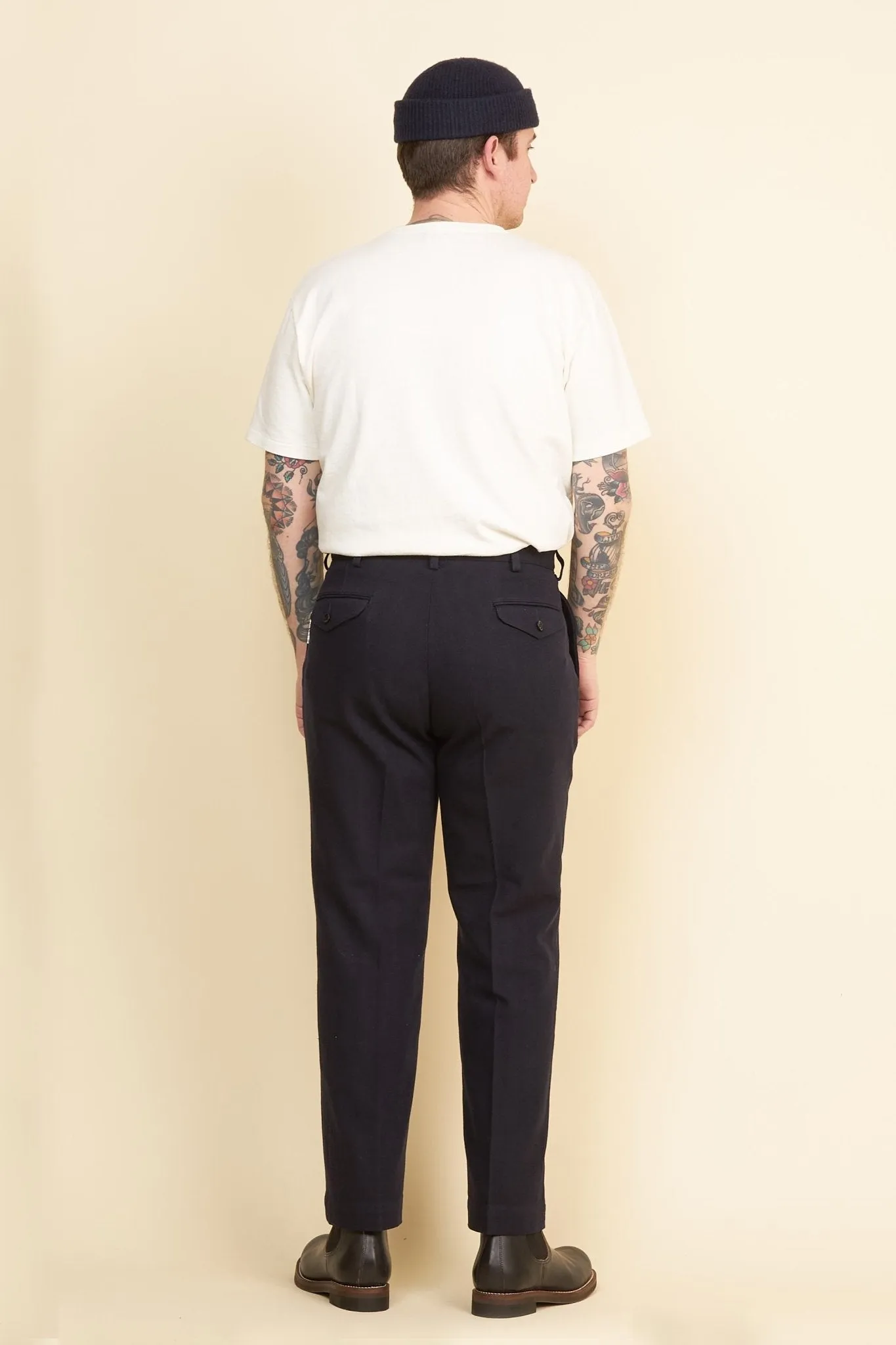 Navy Single Pleated Herringbone Army Trousers - Addiction Clothing