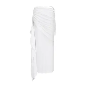 Asymmetric Pleated Draped Maxi Skirt in White