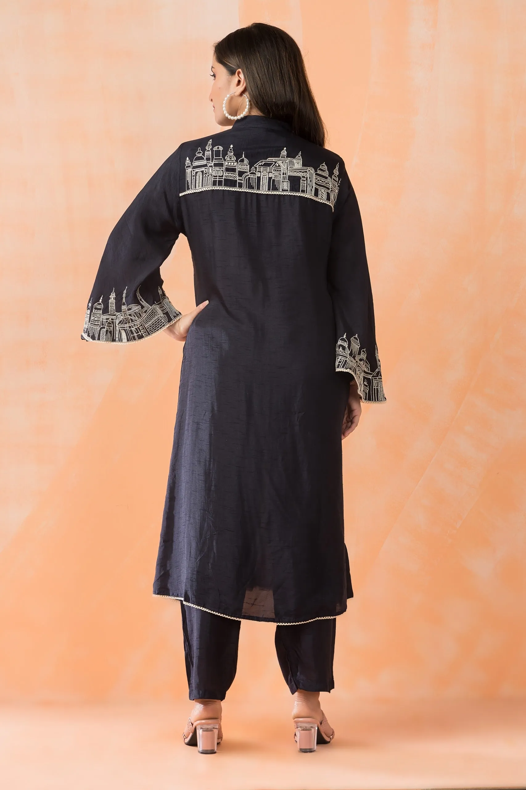 Black Hand Embroidered Dola Silk Kurta Pants Set