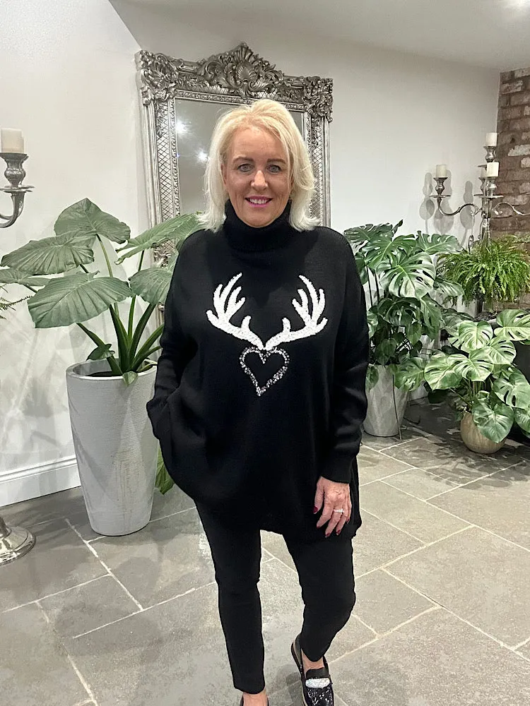 Black Heart Antler Roll Neck Jumper Dasher