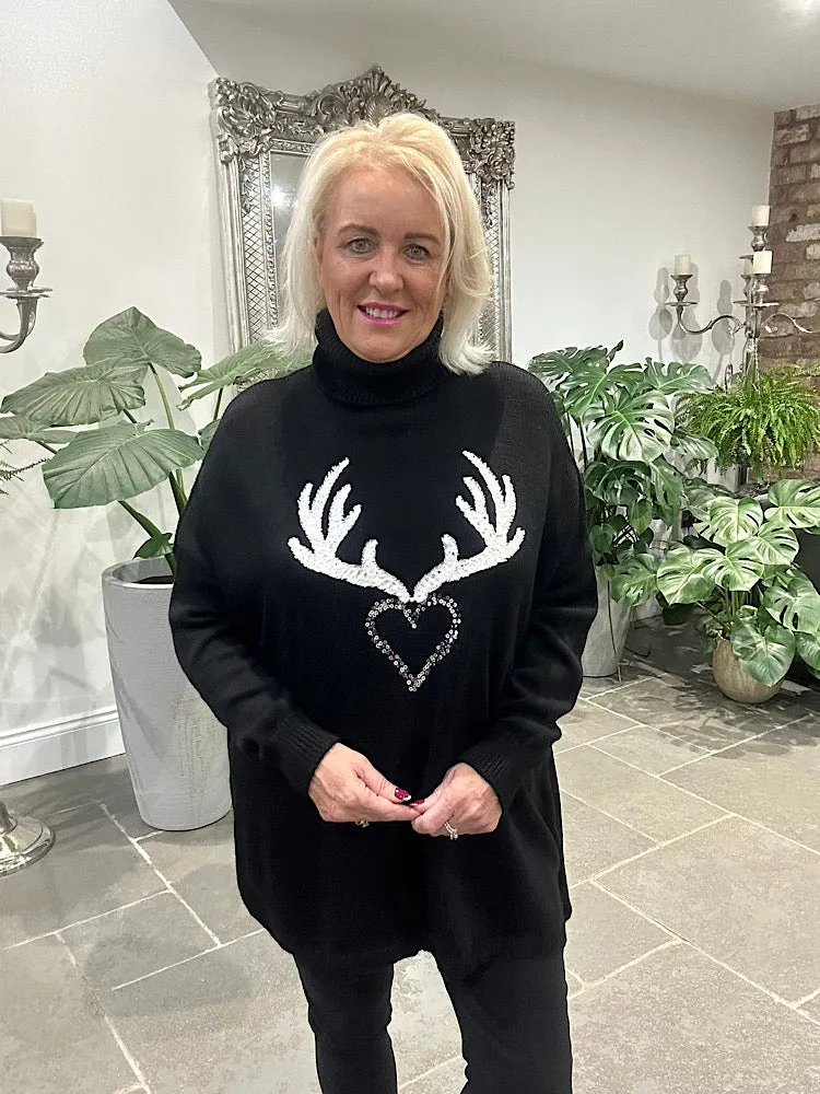 Black Heart Antler Roll Neck Jumper Dasher