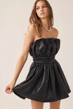 Black Off Shoulder Pleated Romantic Pu Mini Dress