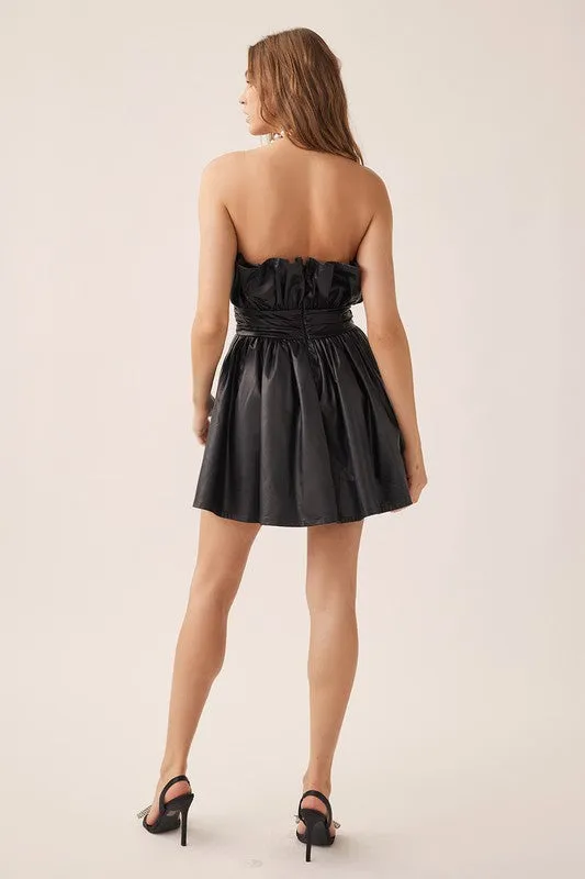 Black Off Shoulder Pleated Romantic Pu Mini Dress