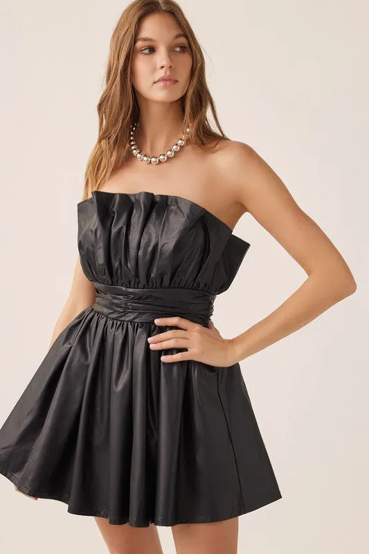 Black Off Shoulder Pleated Romantic Pu Mini Dress