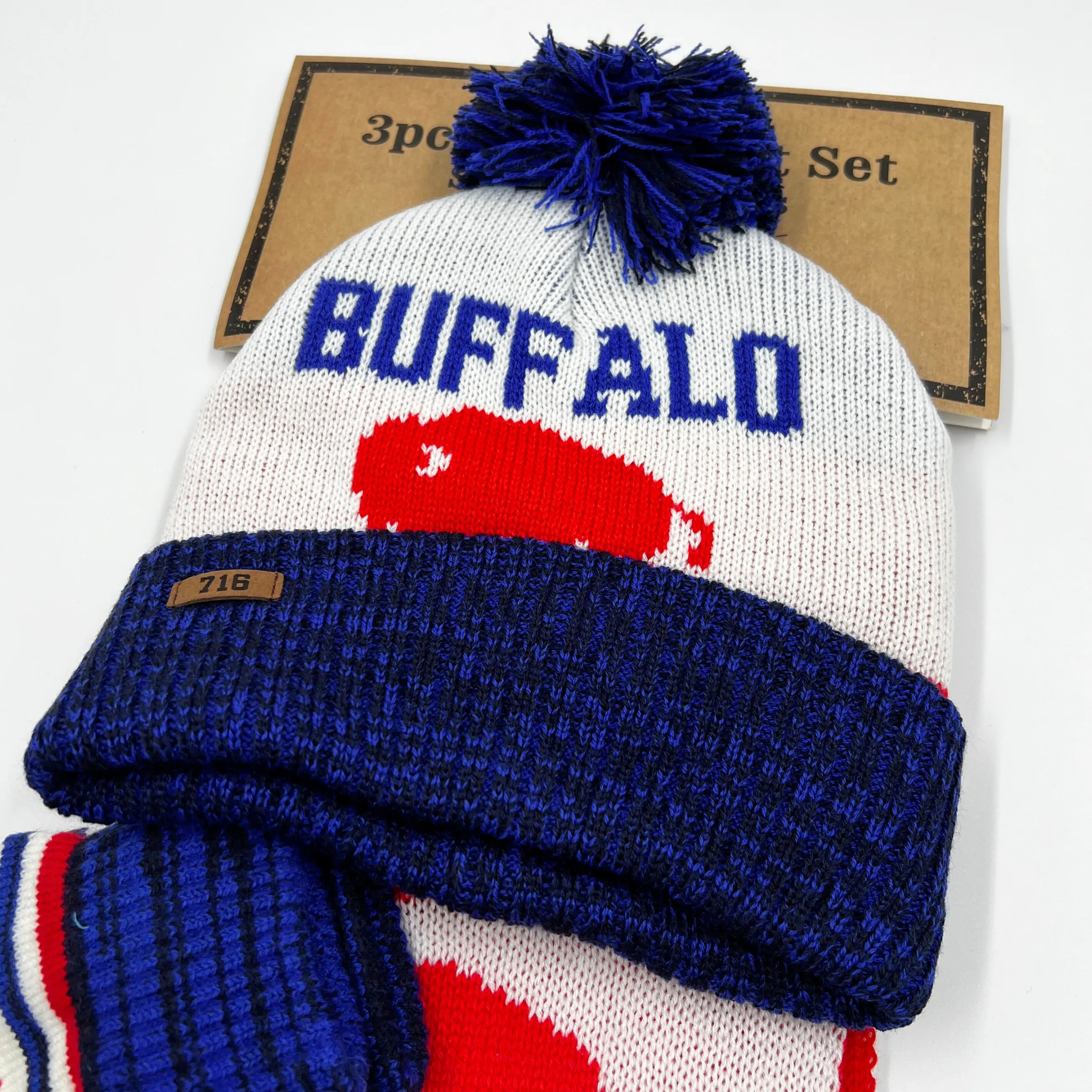 Buffalo 716 Red, White, and Blue Hat, Gloves, and Scarf Set