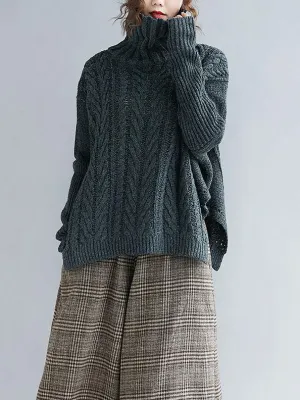 Cable- Knit High-neck Solid Loose Sweater