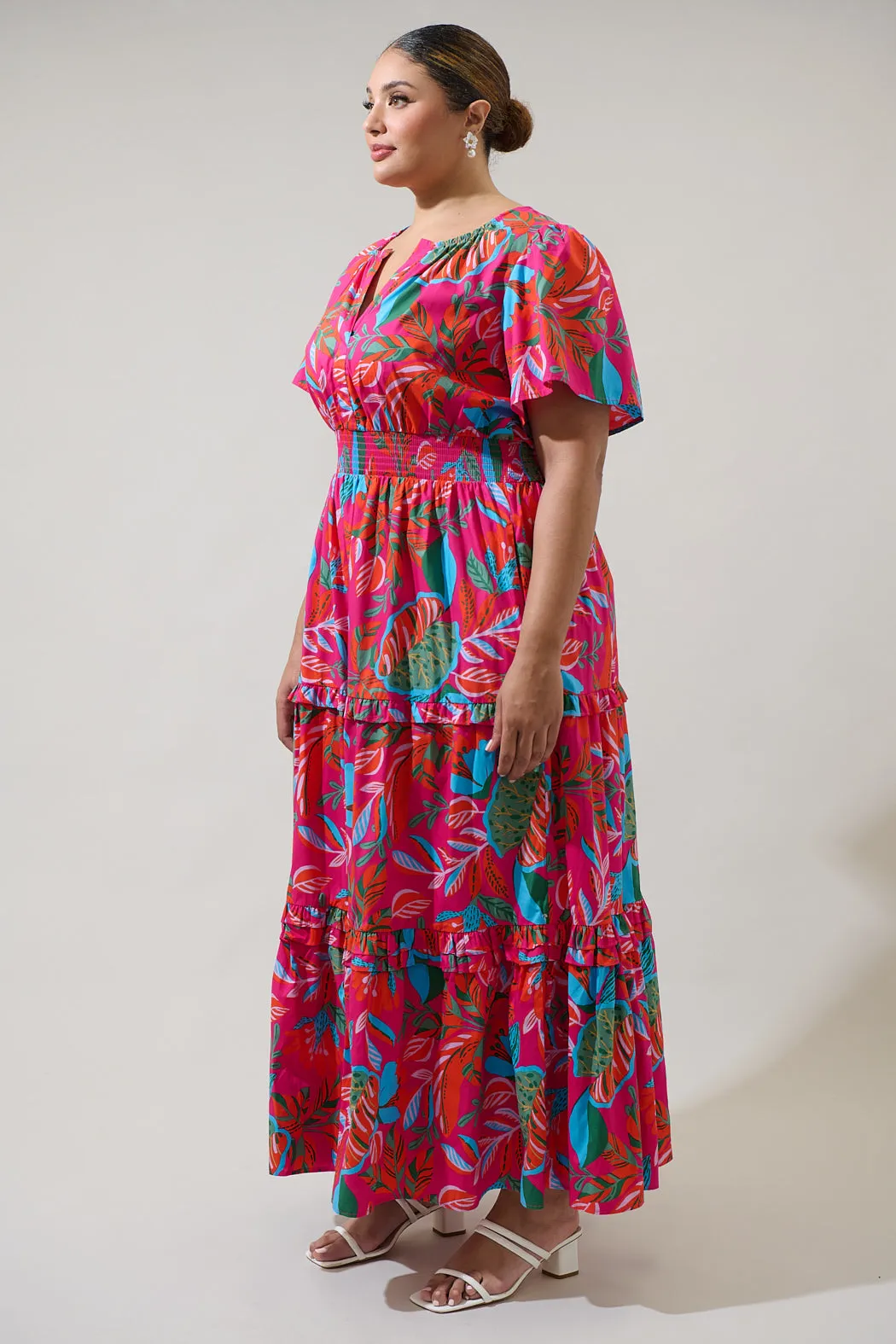 Cactus Blossom Palmer Poplin Tiered Maxi Dress Curve