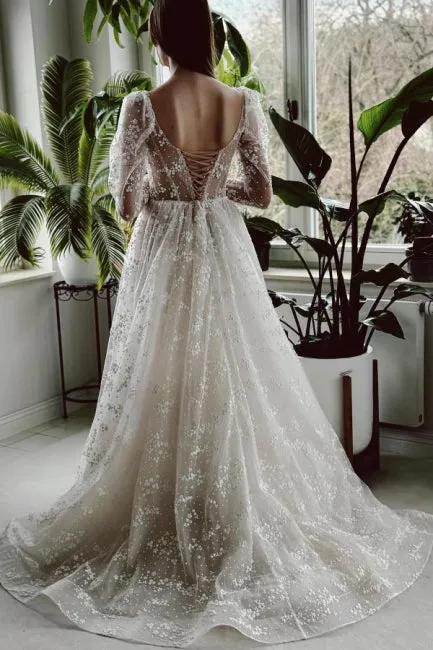 Charming Long Ivory A-line Long Sleeves Lace Wedding Dress With Slit