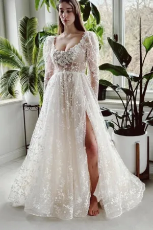 Charming Long Ivory A-line Long Sleeves Lace Wedding Dress With Slit