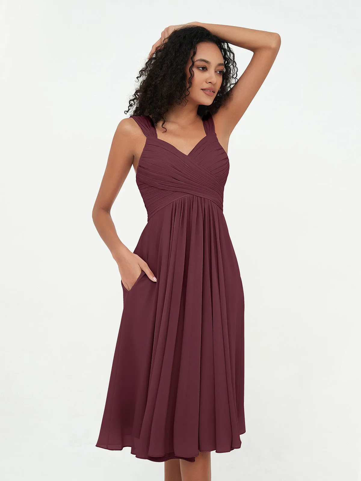 Chiffon Empire Short Dresses with Pockets-Cabernet Plus Size