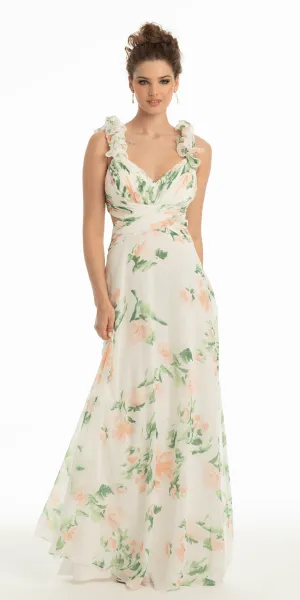 Chiffon Floral Print Ruffle Lace Up Back Dress