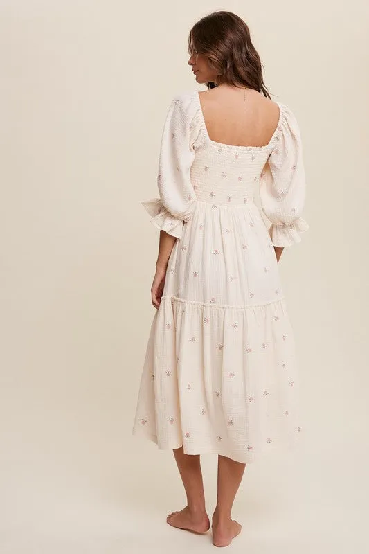 Ditzy Floral Embroidery Puff Sleeve Maxi Dress