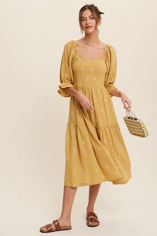 Ditzy Floral Embroidery Puff Sleeve Maxi Dress