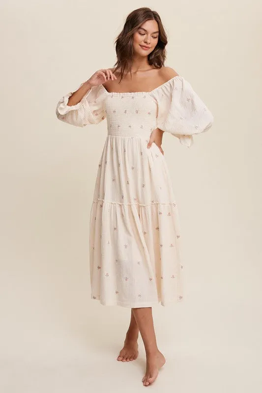 Ditzy Floral Embroidery Puff Sleeve Maxi Dress