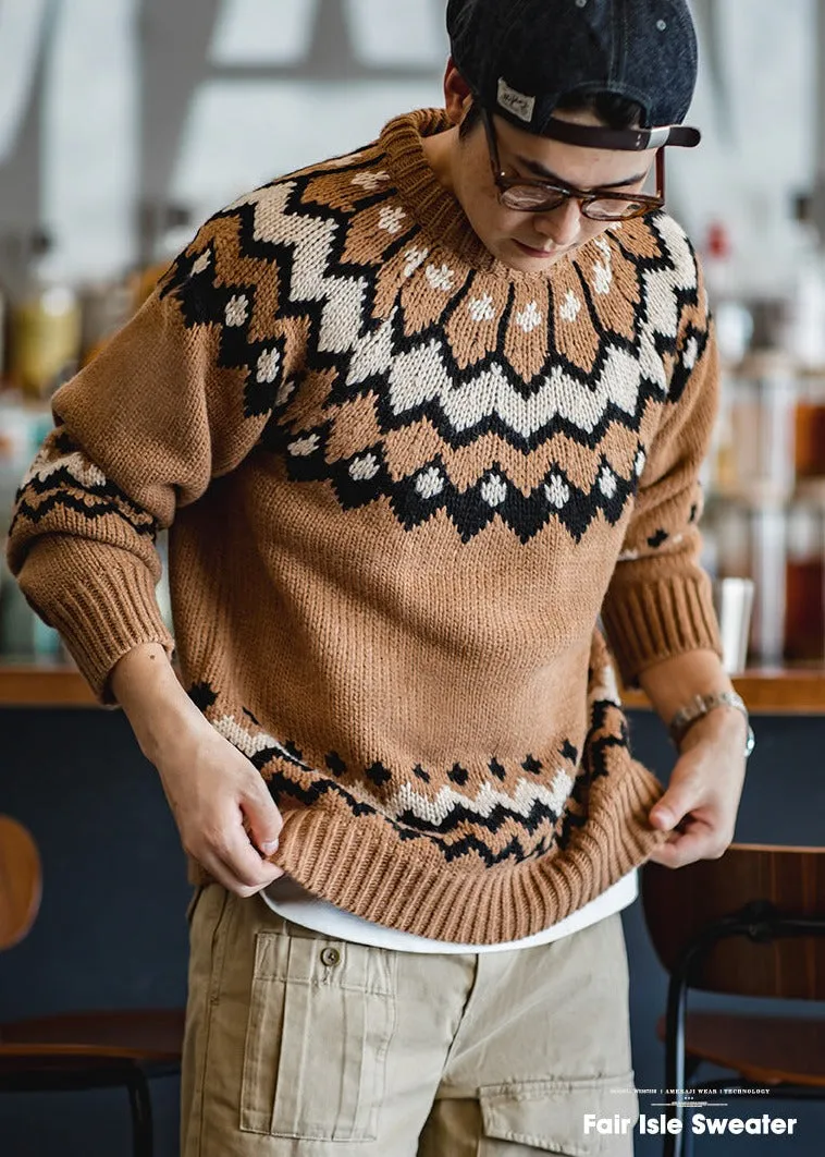 Maden Knitted Thick Sweaters for Men Autumn and Winter Retro Nordic Fair Isle Sweater Loose Casual Christmas Pullovers Jumper