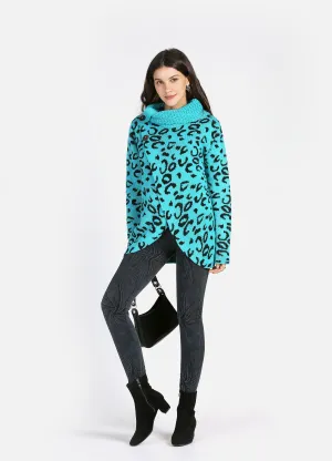 MECALA Women's Fall Knit Thick Sweater Allover Leopard Print Rolled Neck Wrap Sweater