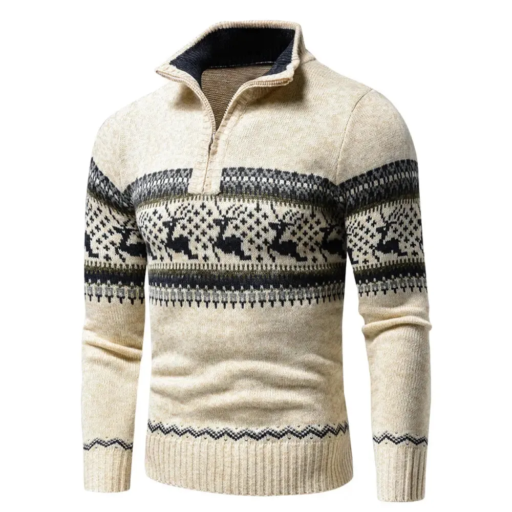 Men Autumn New Casual Jacquard Christmas Pattern Zip Sweater Cardigan Jacket Men Winter Long Sleeve Mock Neck Sweater Pullover