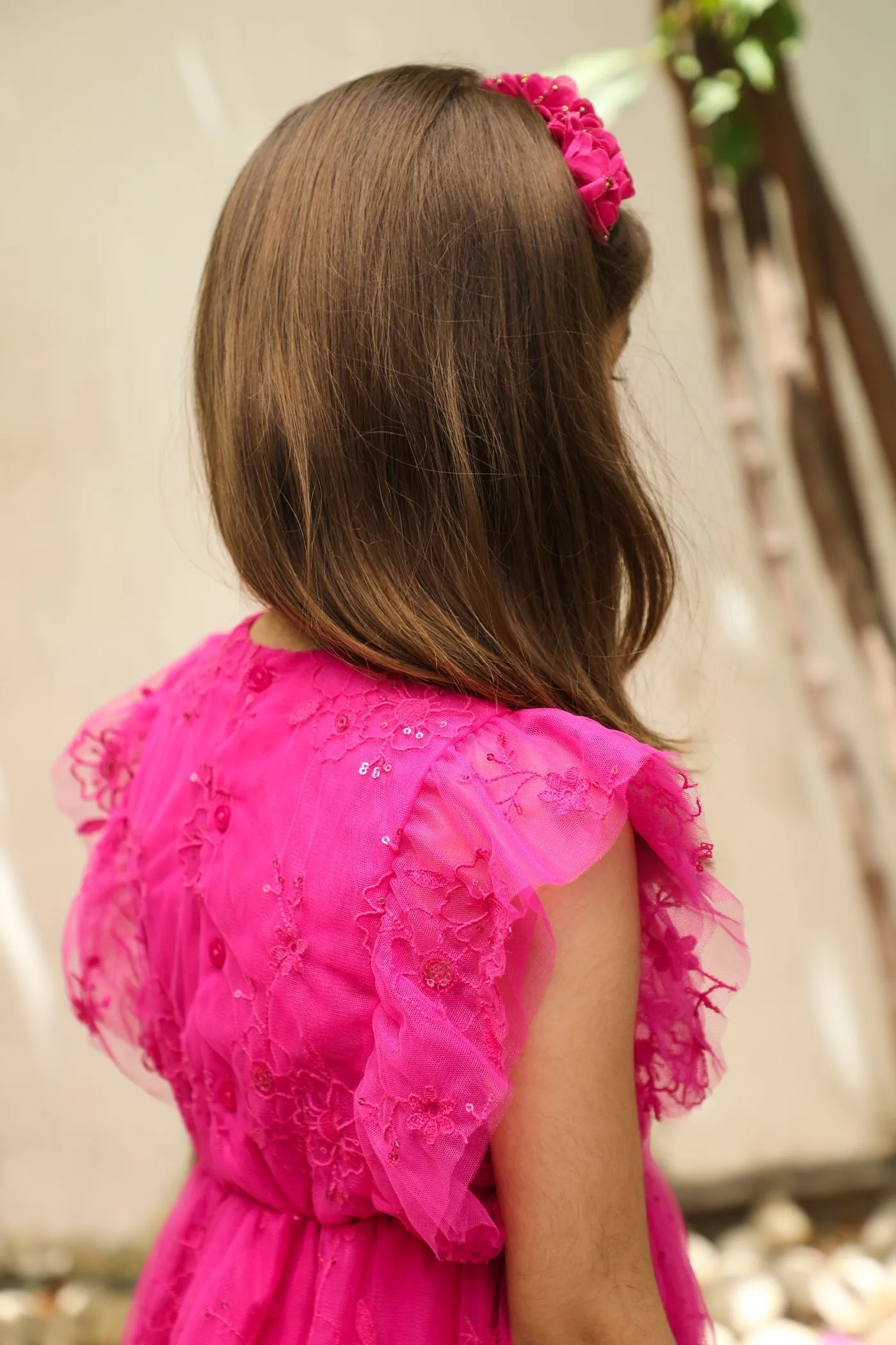 Monica Sequins Embroidery Sparkle Net Girls Dress - Hot Pink