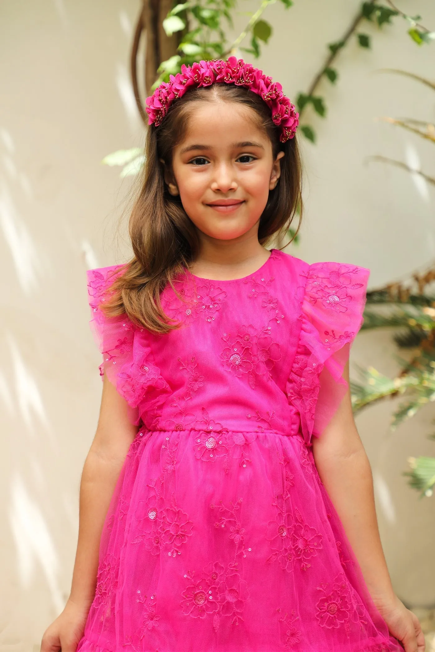 Monica Sequins Embroidery Sparkle Net Girls Dress - Hot Pink