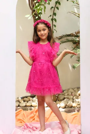 Monica Sequins Embroidery Sparkle Net Girls Dress - Hot Pink