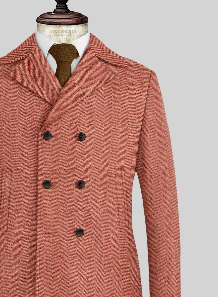 Naples Wide Herringbone Carmine Pink Tweed Pea Coat