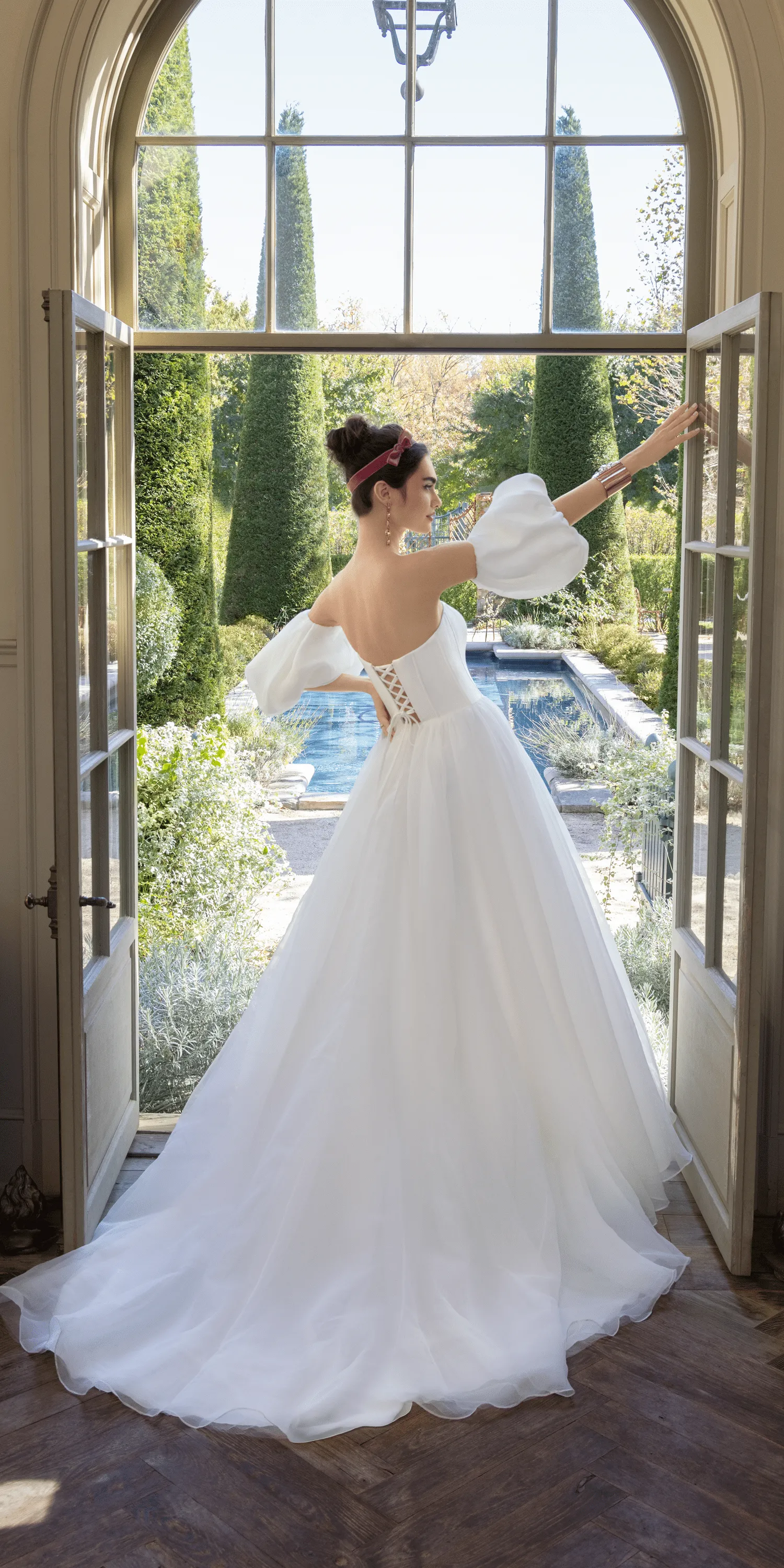 Organza Lace Up Back Ballgown with Detachable Sleeves