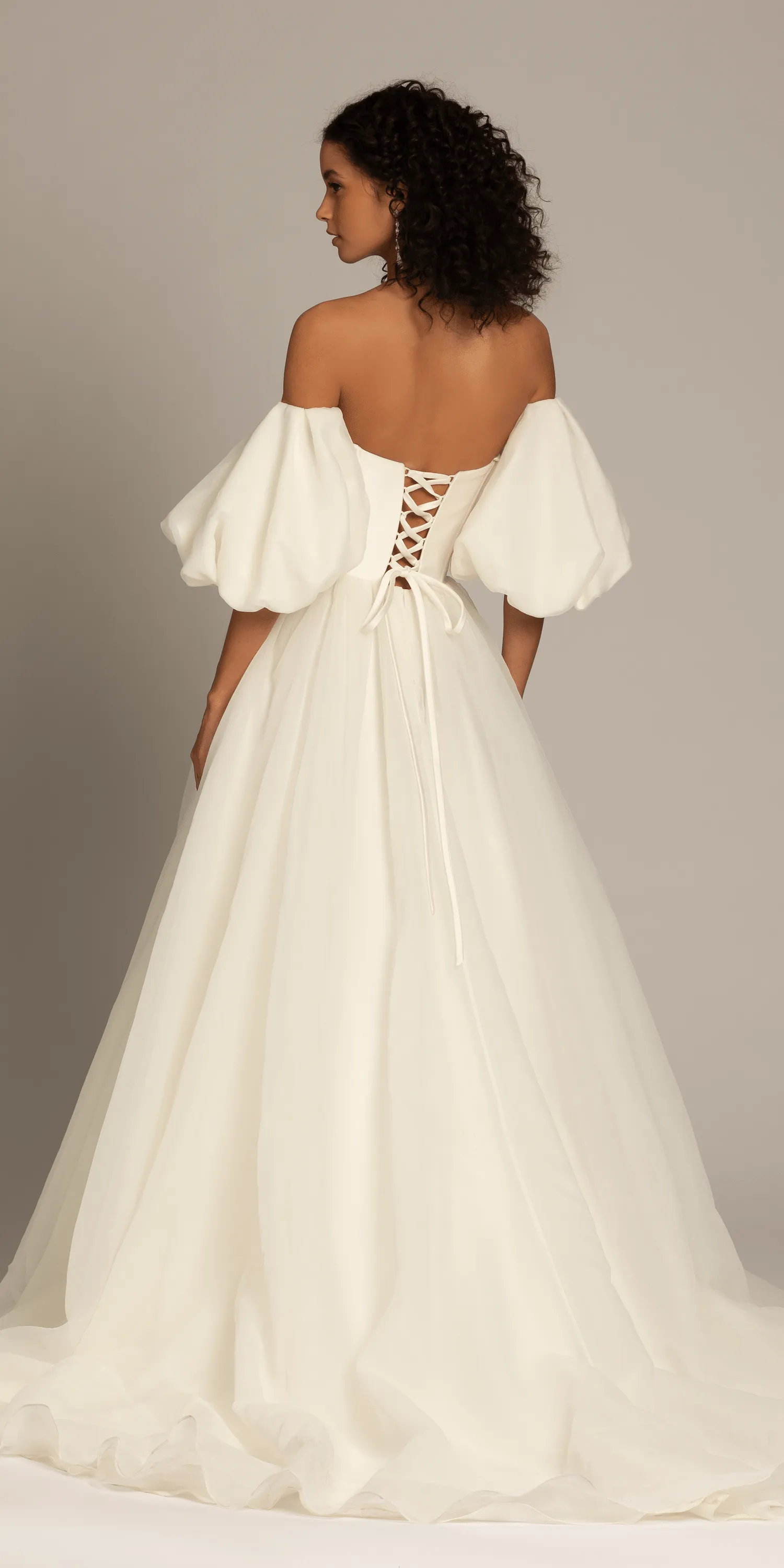 Organza Lace Up Back Ballgown with Detachable Sleeves