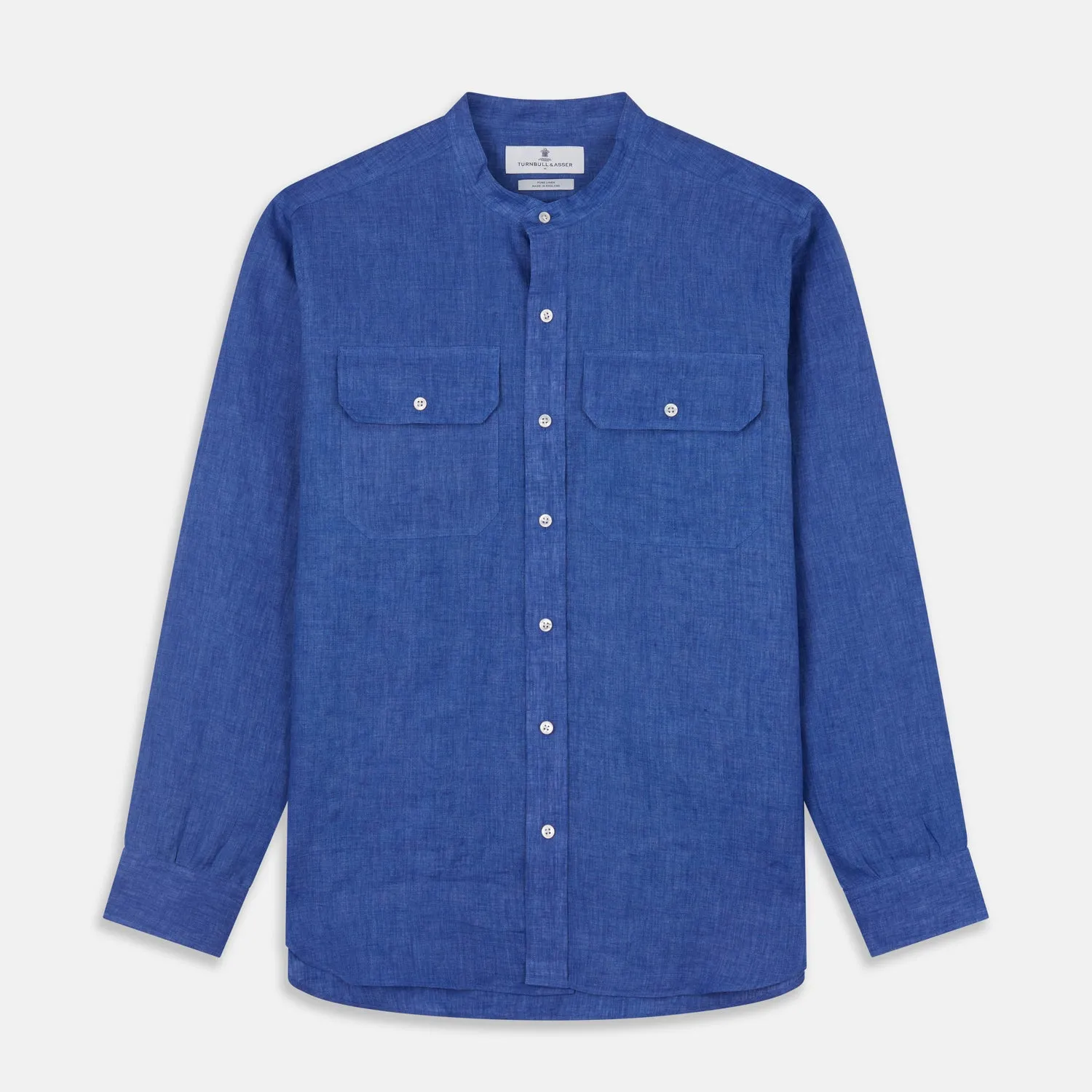 Plain Indigo Linen Weekend Fit Shirt with Stand Collar