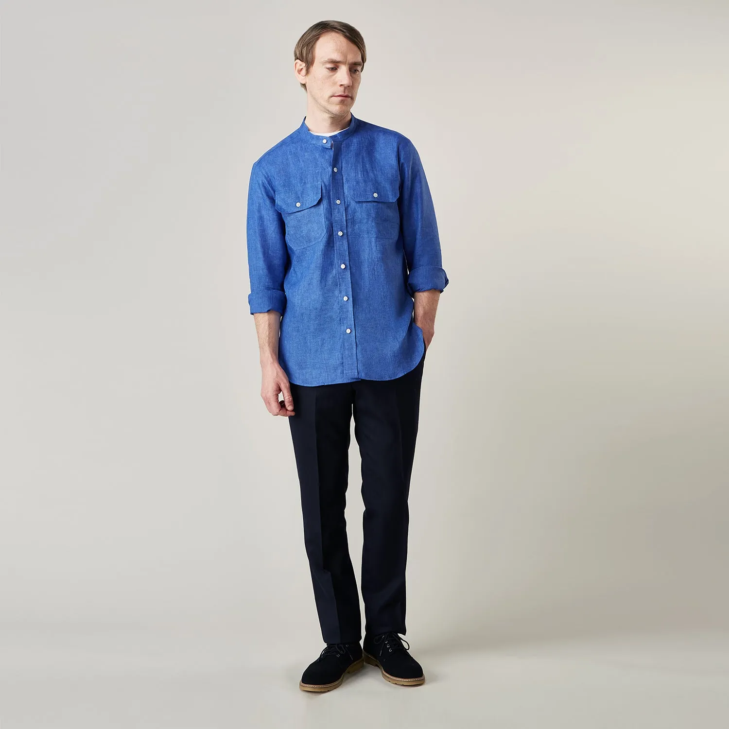 Plain Indigo Linen Weekend Fit Shirt with Stand Collar