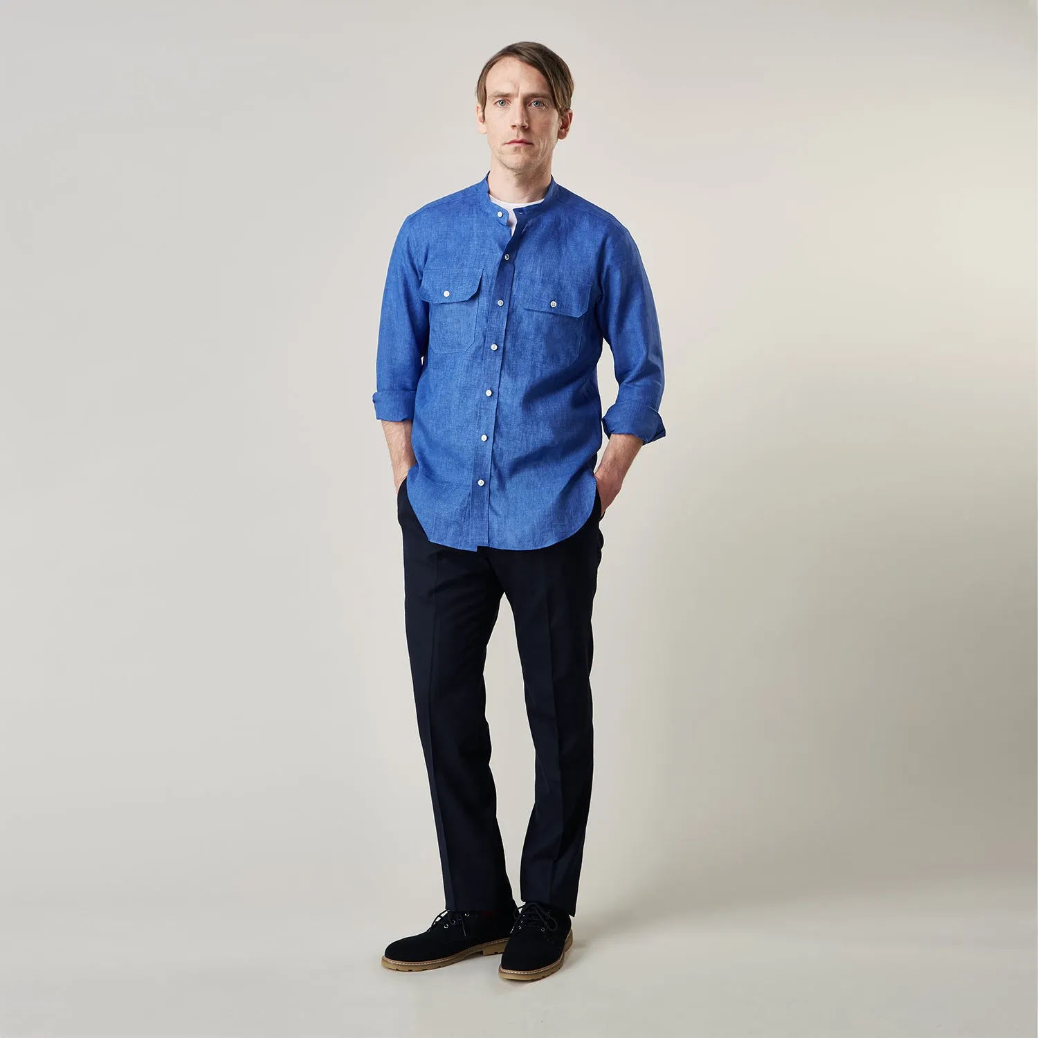 Plain Indigo Linen Weekend Fit Shirt with Stand Collar