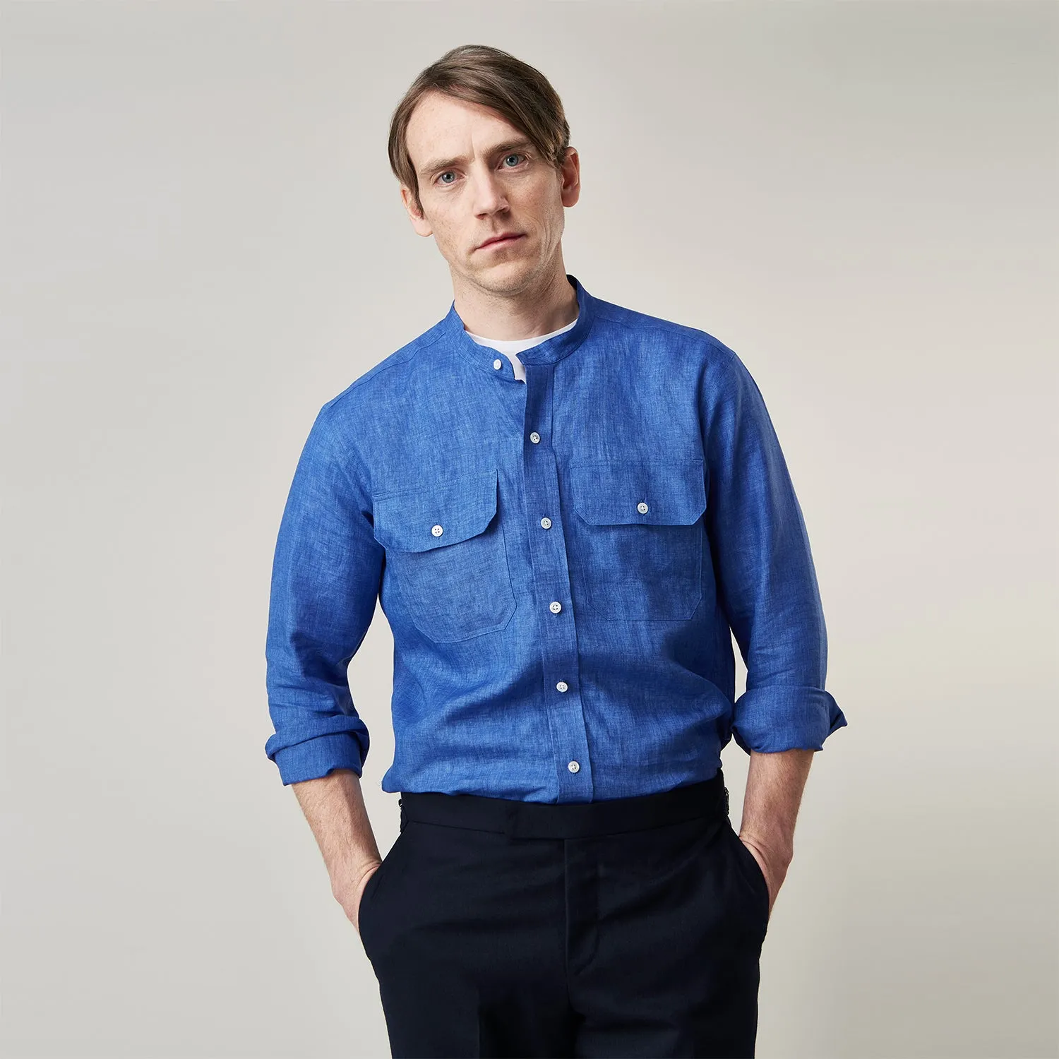 Plain Indigo Linen Weekend Fit Shirt with Stand Collar