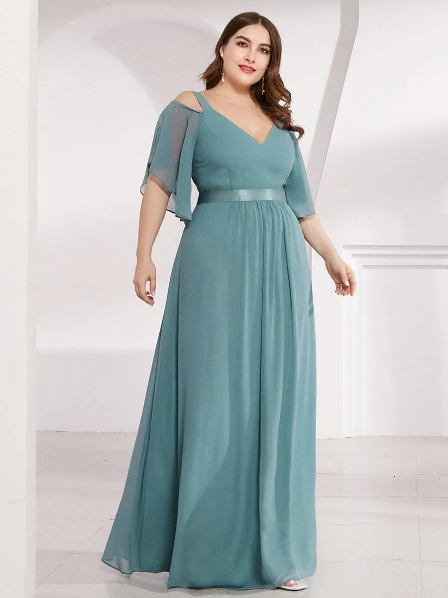 Plus Size Women's Off Shoulder Floor Length Evening Dress with Ruffle Sleeves