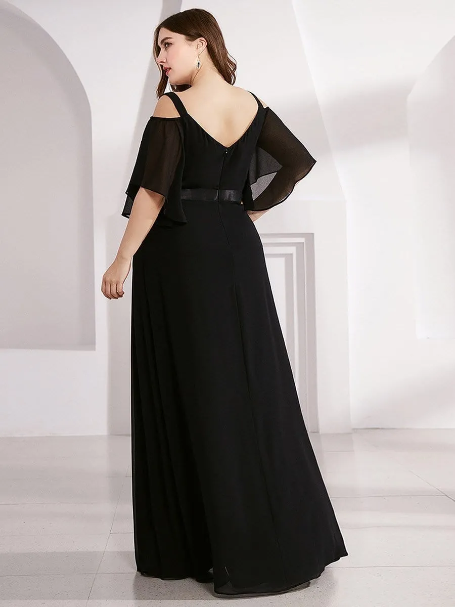 Plus Size Women's Off Shoulder Floor Length Evening Dress with Ruffle Sleeves