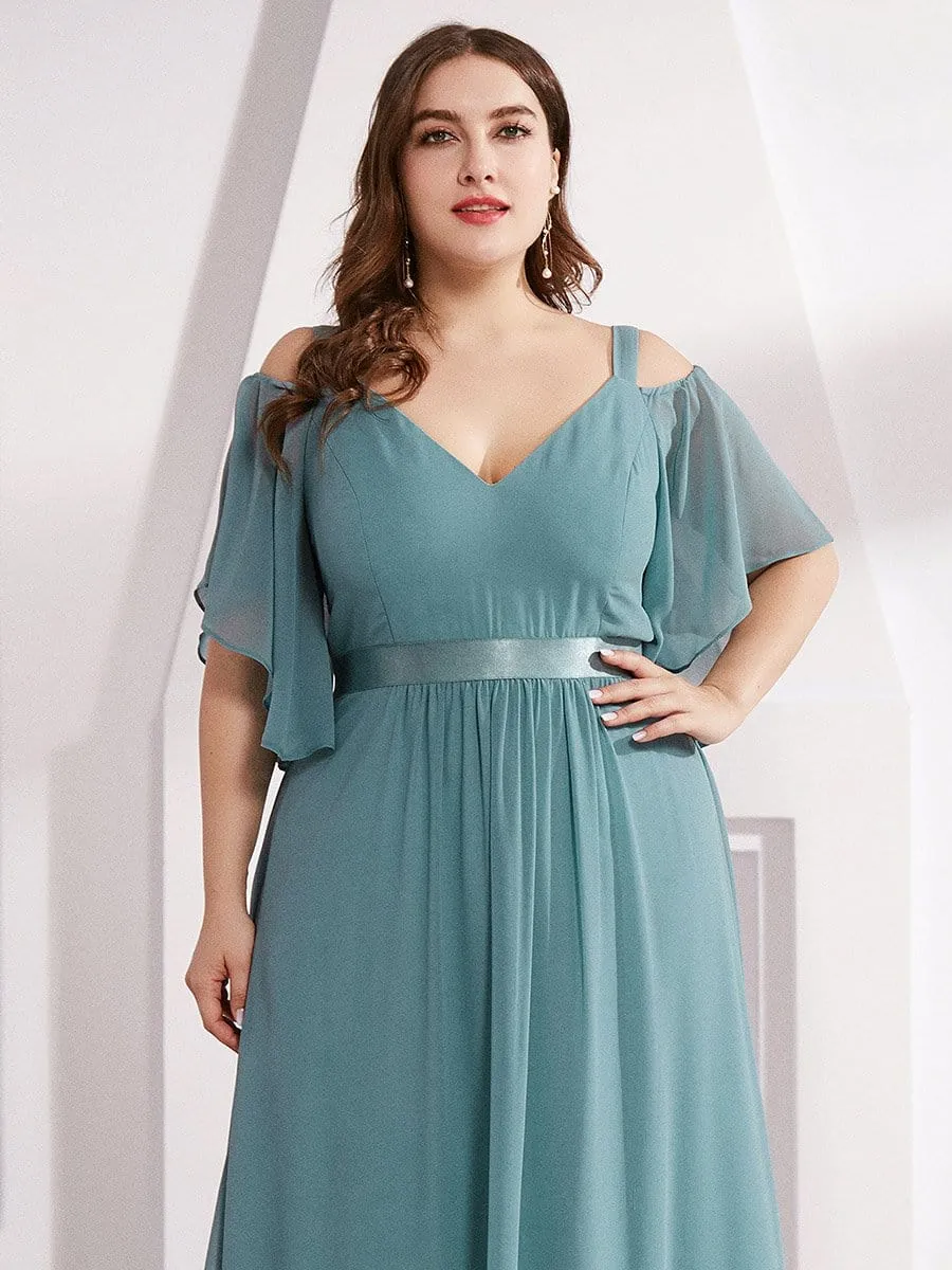 Plus Size Women's Off Shoulder Floor Length Evening Dress with Ruffle Sleeves