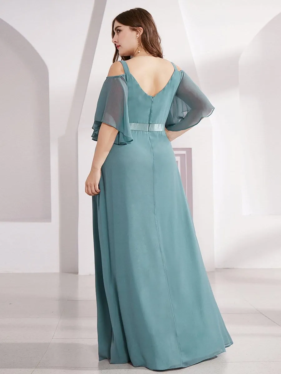 Plus Size Women's Off Shoulder Floor Length Evening Dress with Ruffle Sleeves