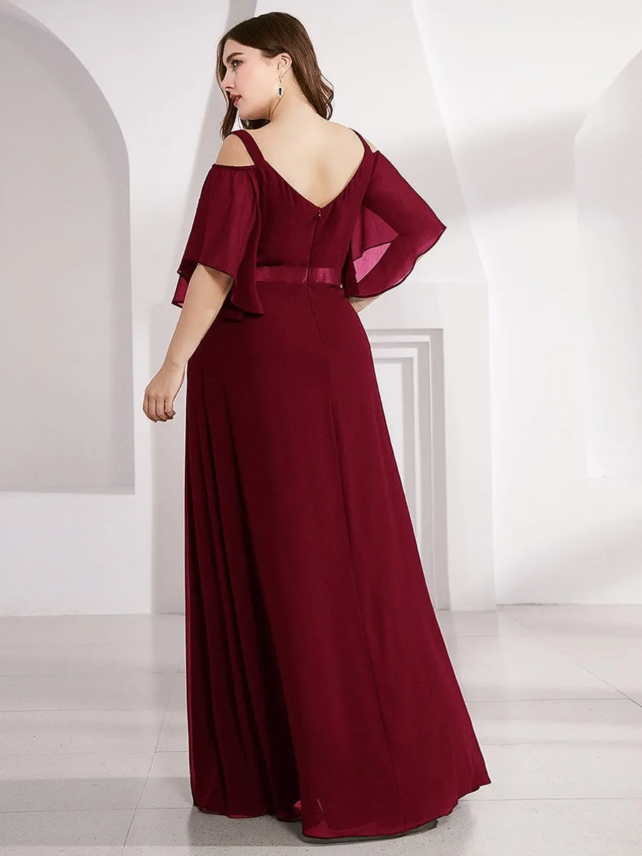 Plus Size Women's Off Shoulder Floor Length Evening Dress with Ruffle Sleeves