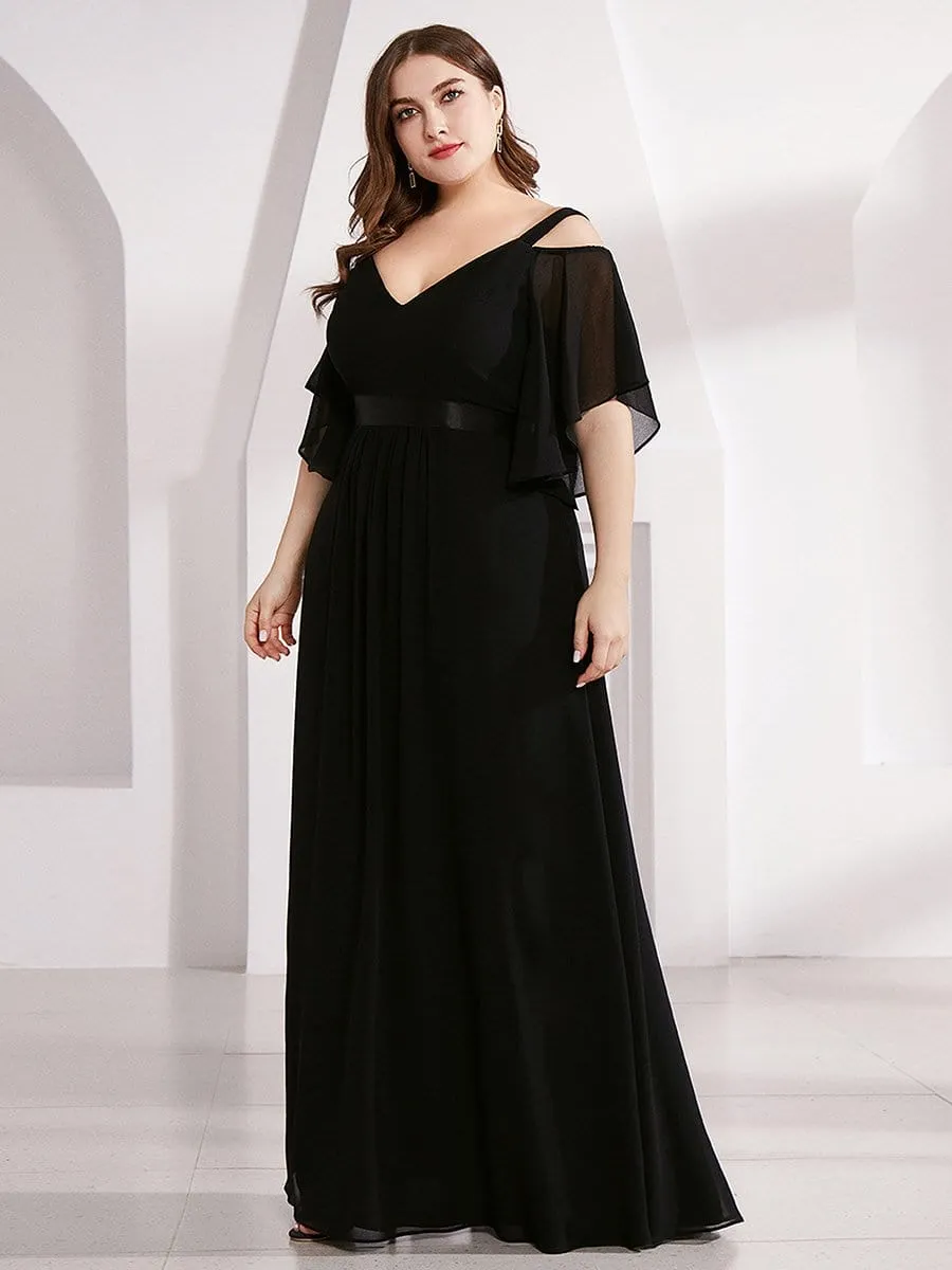 Plus Size Women's Off Shoulder Floor Length Evening Dress with Ruffle Sleeves