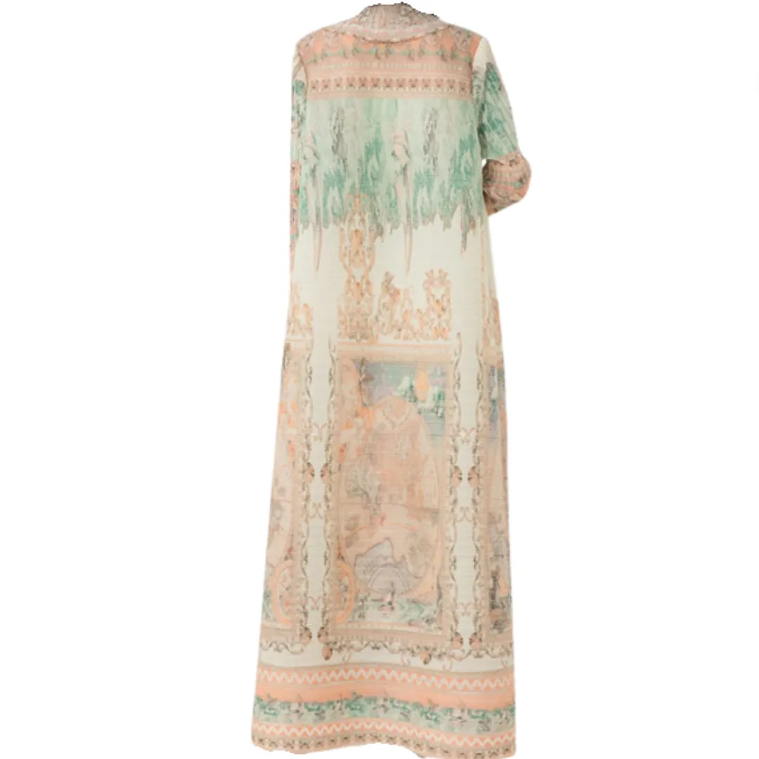 Pre Order: Vintage Print Pleated Long Loose Cardigan