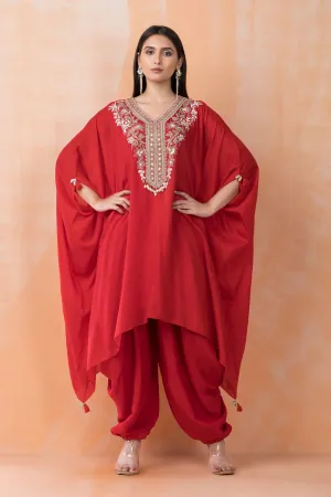 Red Hand Embroidered Muslin Silk Kaftan Set