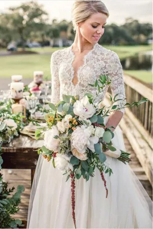 Romantic Ivory Tulle Lace A-line V-neck Sweep Train  Wedding Dresses, SW467