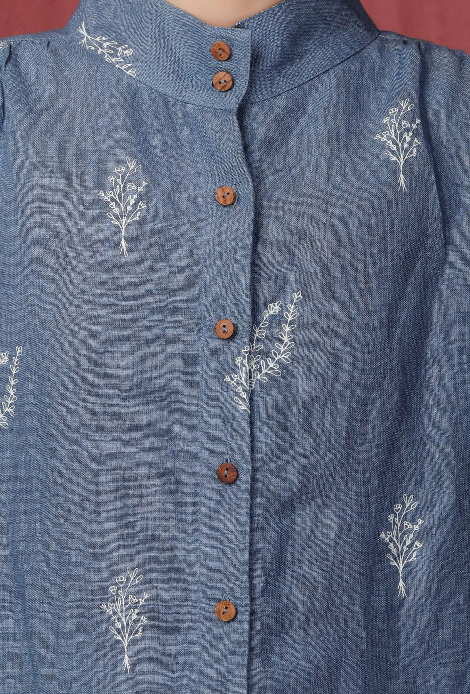 Set of 2: Blue Handblock Printed Linen Shirt with Brown Linen Pants