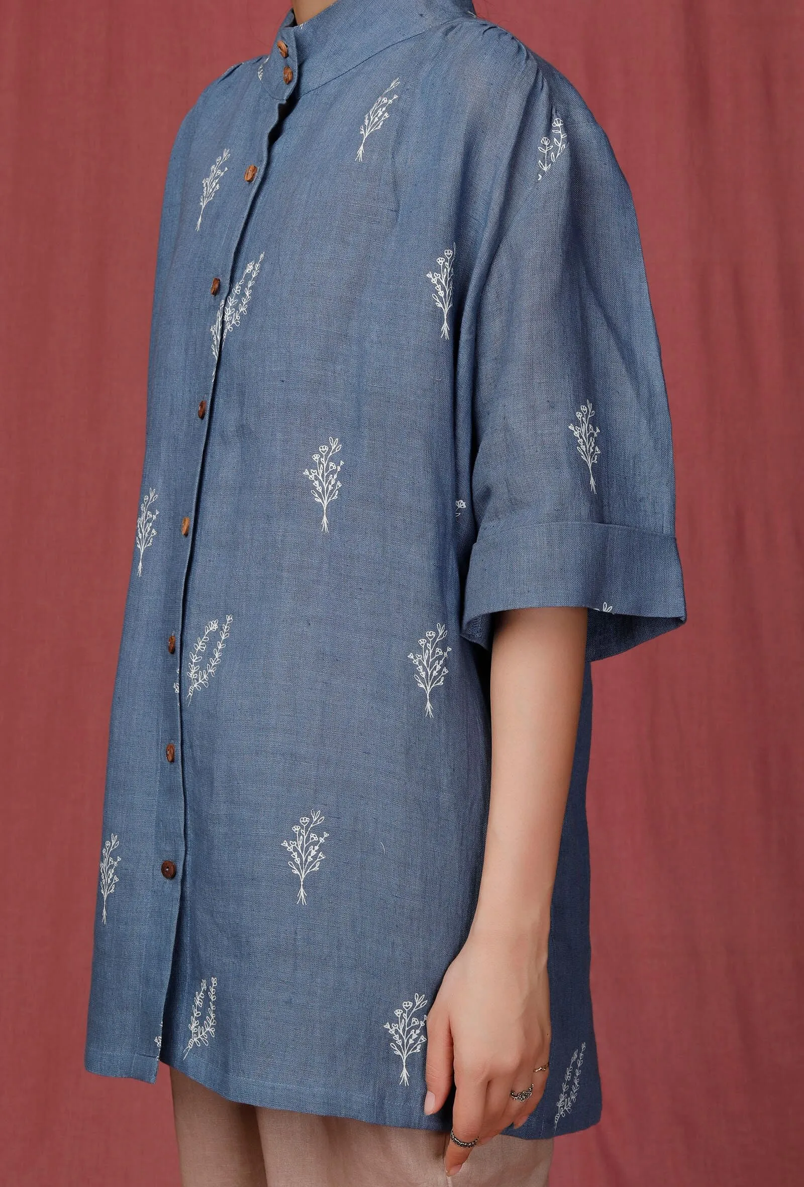 Set of 2: Blue Handblock Printed Linen Shirt with Brown Linen Pants