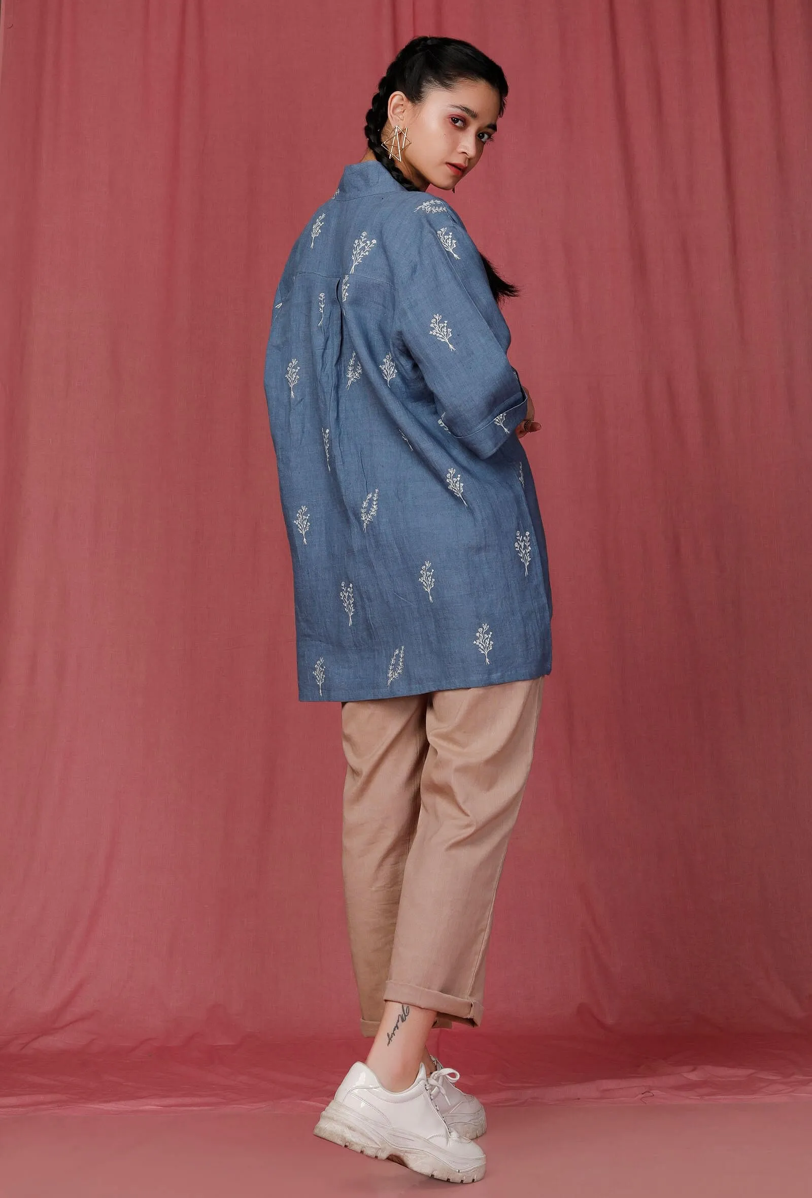 Set of 2: Blue Handblock Printed Linen Shirt with Brown Linen Pants