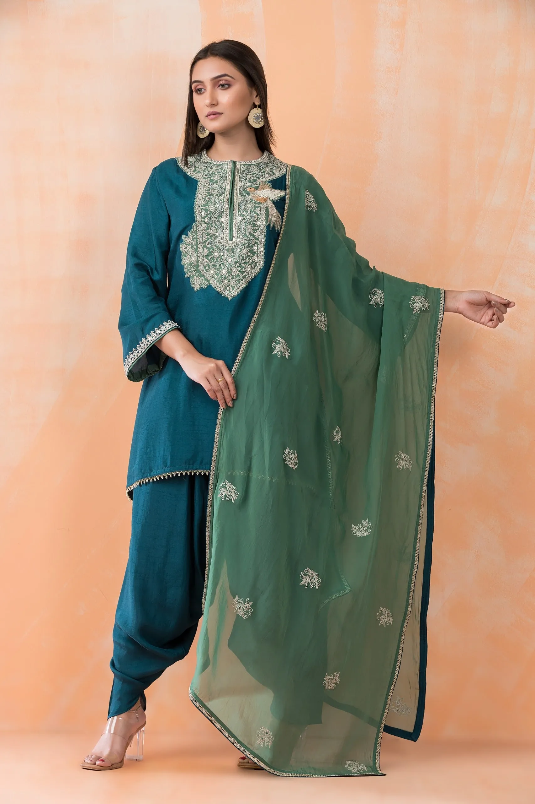 Teal Hand Embroidered Dola Silk Kurta Dhoti Set