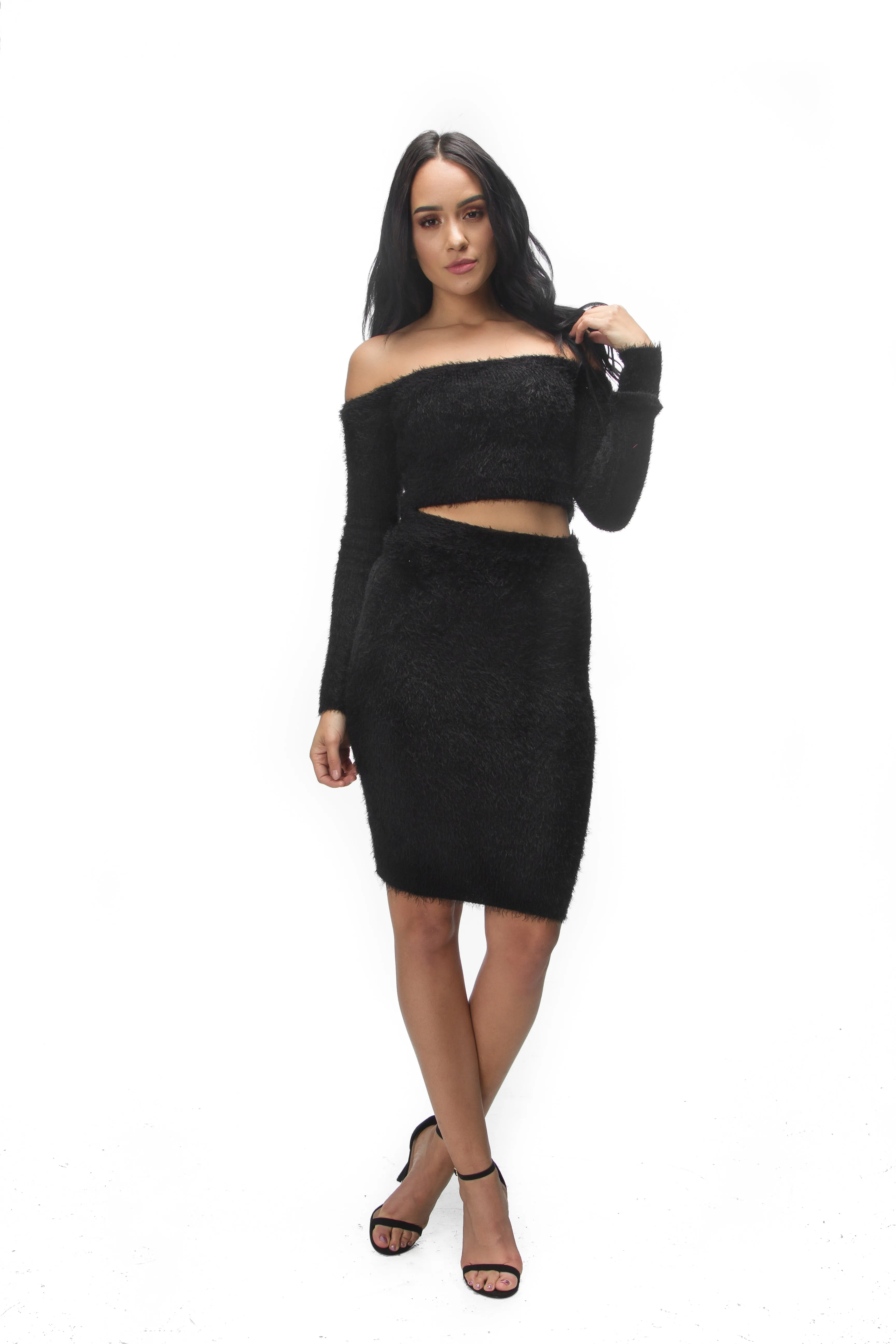 THE MYSTYLEMODE FEATHER LONG SLEEVE CROP TOP MIDI SKIRT SET