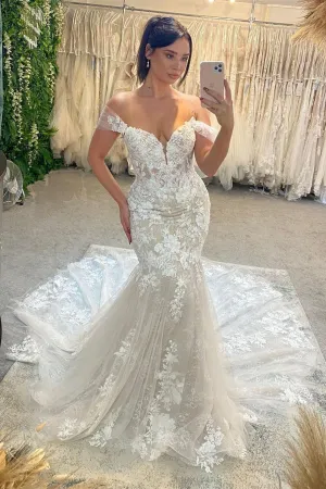 Trendy Floor Length Sweetheart Sleeveless Off-The-Shoulder Lace Wedding Dress with Chapel Train