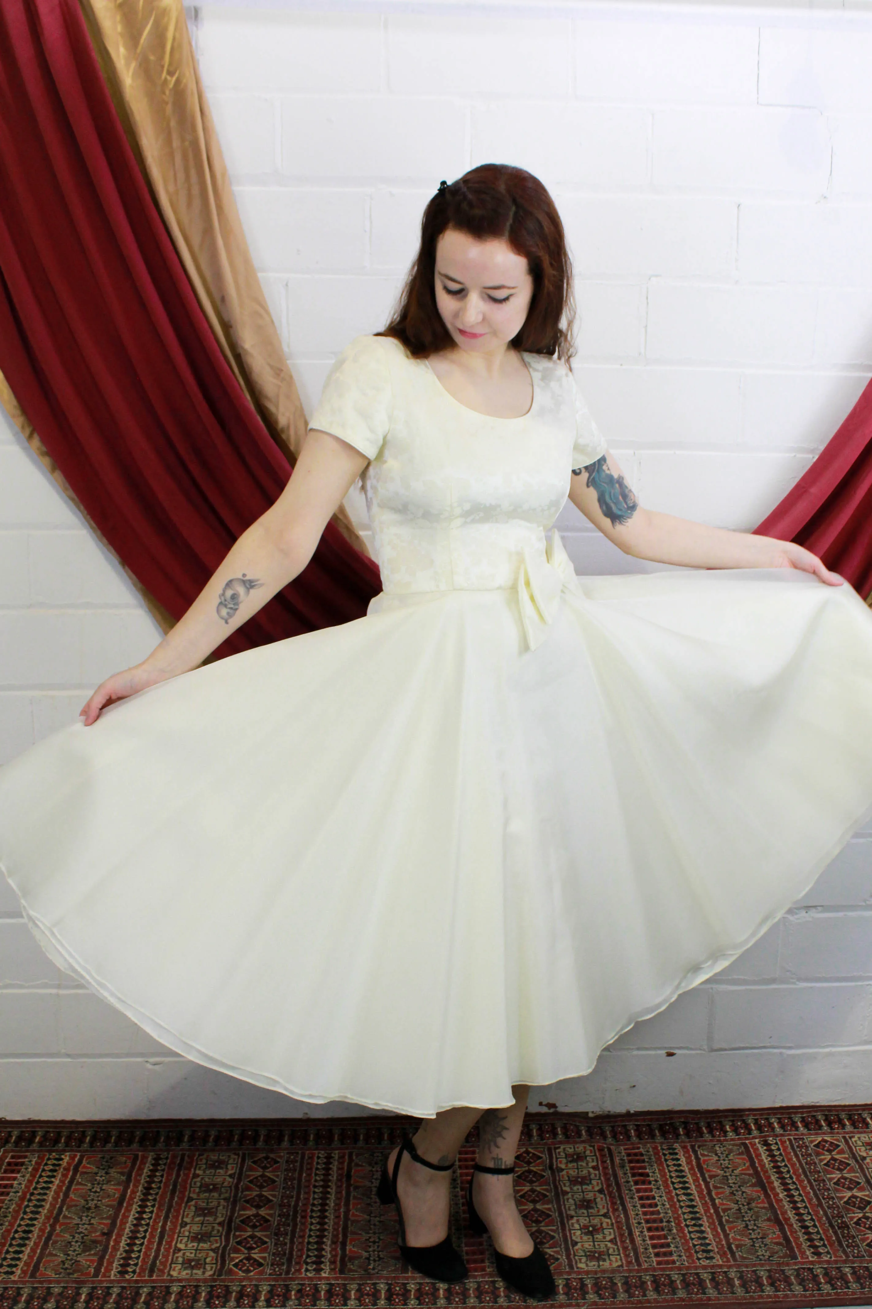 Vintage 90s does 50s White Formal Dress/ Sparkly Organza Wedding Dress, Small