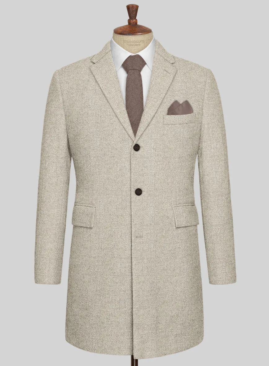 Vintage Herringbone Light Beige Tweed Overcoat