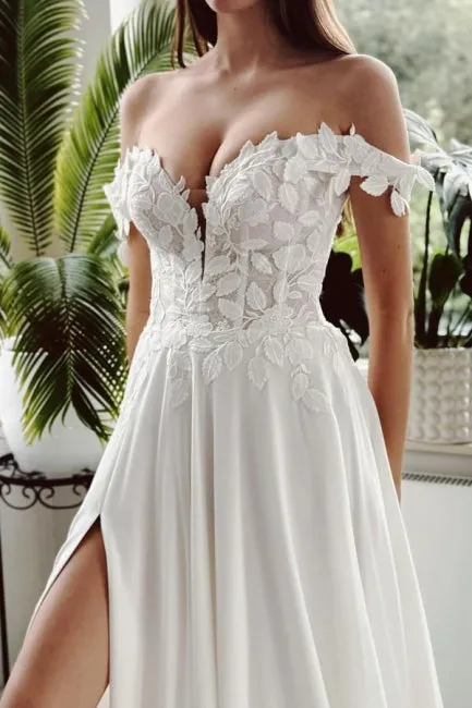 Vintage Long White A-line Off-the-shoulder Wedding Dress with Slit